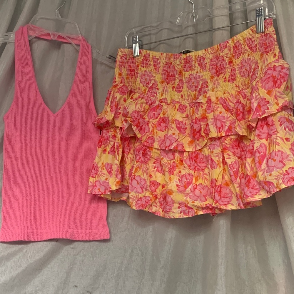 Yellow Floral Ruffle Mini Skirt with Pink Flowers